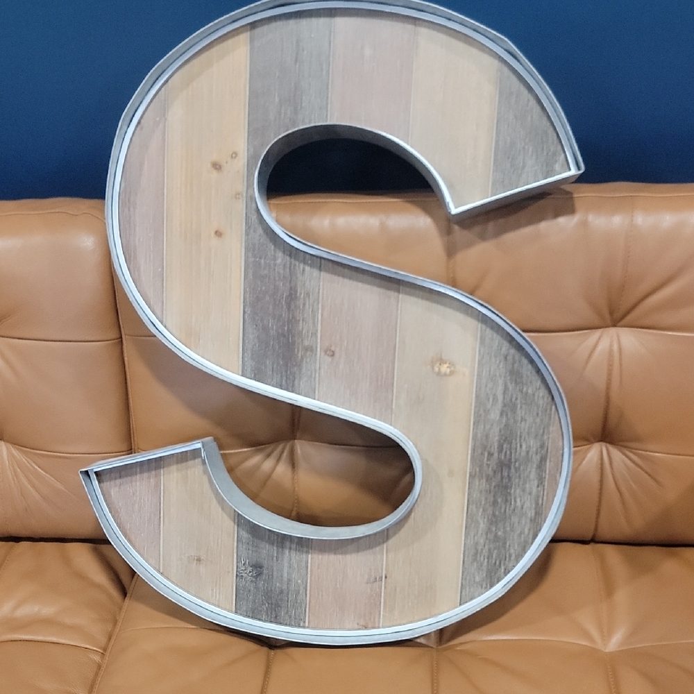 Large Wooden Letter S with Metal Trim